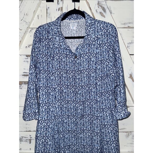 Sigrid Olsen XL Blue White Geo Printed 3/4 sleeve Button Linen Blend Shirt dress - Picture 3 of 11